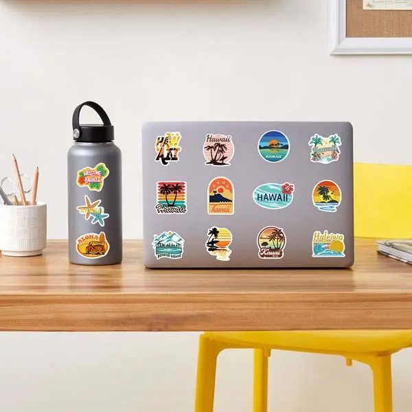Hawaii Kauai Tropical Beach Stickers Pack, Waterproof Vinyl Summer Island Palm Tree Decals, Surf Vacation Luggage Water Bottle Decor Stickers for Teens