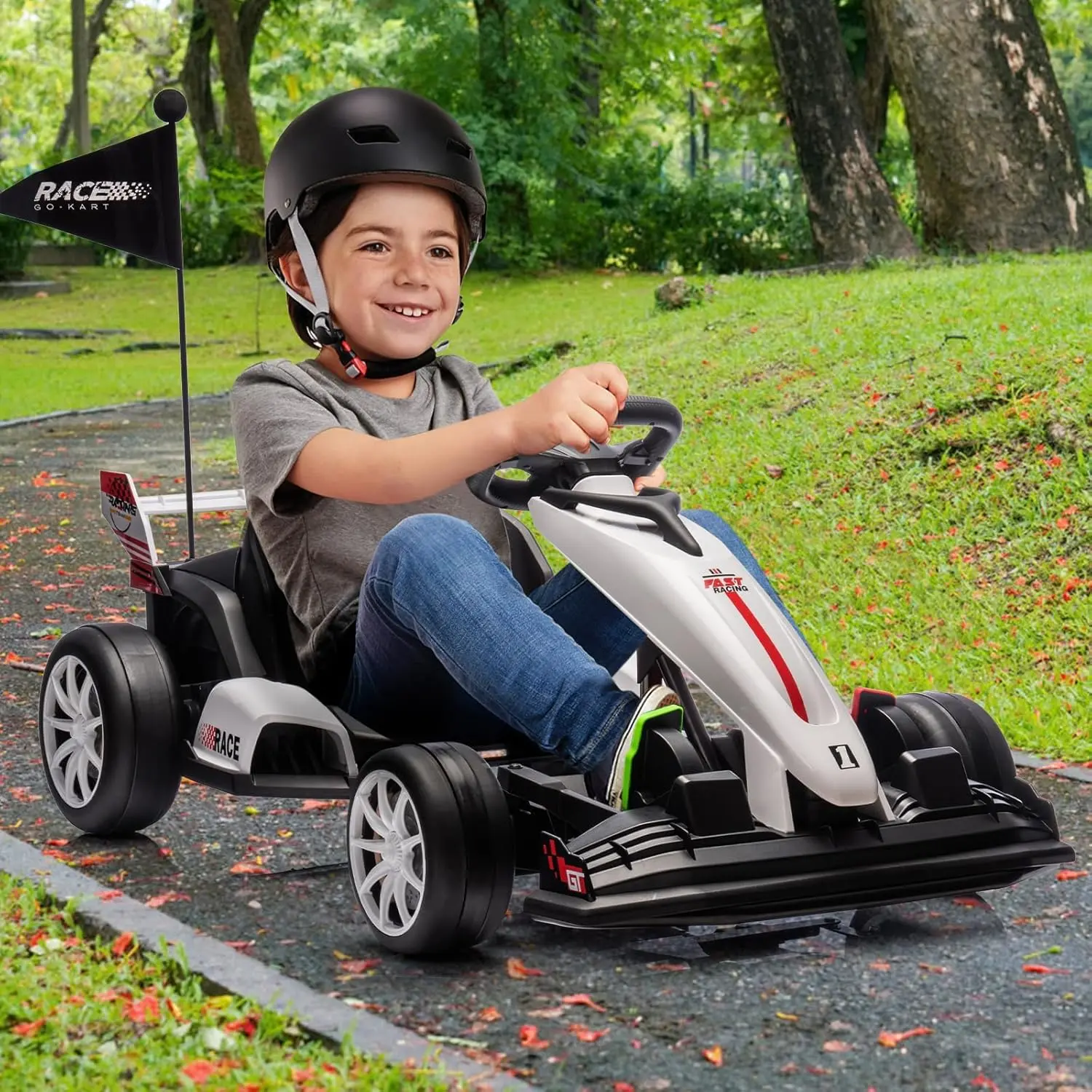 GAOMON White Electric Go Kart For Kids 3 To 8 High Speed Drift Kart With 24V Battery Dual 200W Motors Variable Speed Forward Reverse White