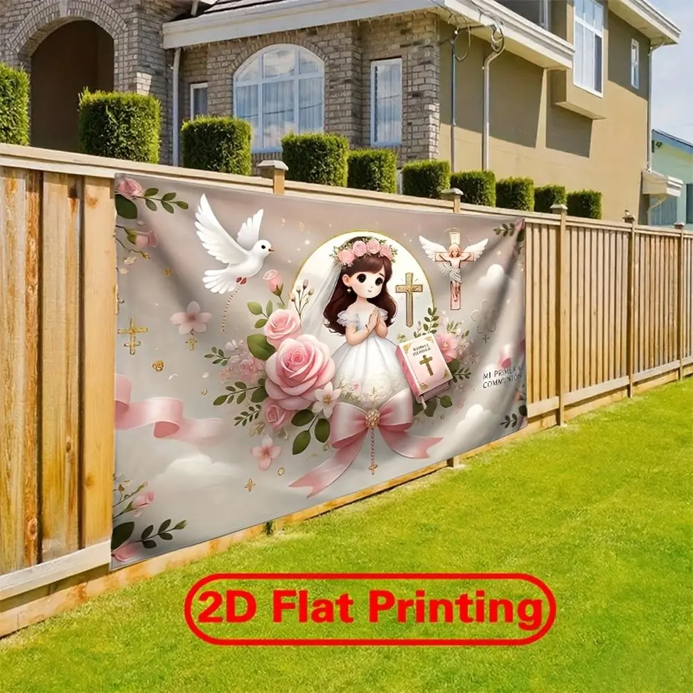 1pc Elegant 1-Piece Durable Soft Polyester 2D Flat Glam First Communion Wall Hanging Backdrop Banner - Angelic White-Dressed Girl, Floral, Rose, Dove Design, Hanging Loop, Wall Mount, Party Decorations Banners, Ceremony Indoor Living Room Covering