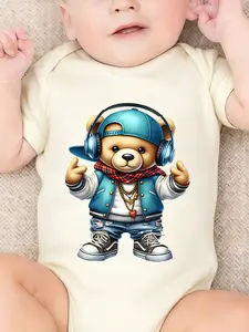 Baby boy and newborn cute short sleeved crawling suit with "trendy music elements bear baby" cartoon print, suitable for both male and female babies, perfect pregnancy gift, baby triangle jumpsuit