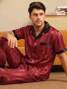 Men's Sleepwear Set, Pajama Set, Short Sleeve Long Pants, Casual Home Wear, Striped Colorblock Design, Jacquard Stripe Two-Piece Set