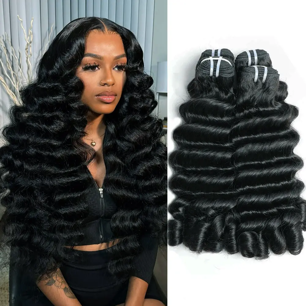 SummerVibes 15A Megeen Curly Bundles Human Hair Extensions Burmese Loose Deep Wave Raw Hair 100% Human Hair Bundles Weave 4Pcs Full Head Salon Quality With Full End bouncy curl