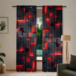 2pc black and red geometric print curtain/door curtain set, Home decoration curtain, with a semi-blackout rod and bag design. Suitable for dormitories, bedrooms, living rooms home décor