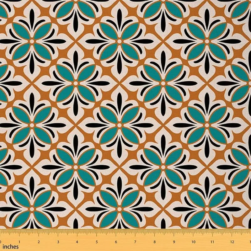 Flower Fabric by The Yard,Vintage Flowers Pattern Upholstery Fabric,Geometric Floral Exotic Style Decorative Waterproof Outdoor Fabric, Elegant Floral Fabric, Vintage Floral Pattern