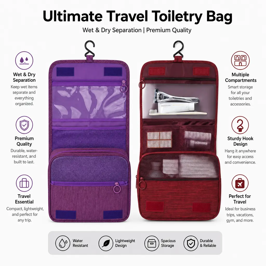 Hanging Toiletry Bag for Women, Large Capacity Travel Makeup Bag with Compartments, Waterproof Cosmetic Organizer with Hook, Portable Bathroom Storage Bag for Skincare, Beauty Products, Makeup Tools, Travel Essentials
