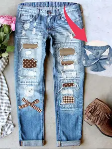 Women's Chic Vintage Floral Print Mid-Rise Straight Leg Jeans Long Denim Pants Ripped Boyfriend Jeans Distressed Skinny with Holes Plaid Patchwork Pocket Design Elastic Stretch Waistband Comfort Pants