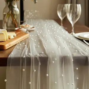 Pearl Beaded Sheer Fabric, Romantic Tulle Curtain for Table Runner, Wedding Backdrop, Home Room Decor, Party Decoration
