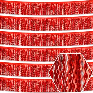 6 Pack 10  Red Wave Foil Fringe Garland Metallic Tinsel Streamers Banner Wall  Curtain Backdrop for Parade Floats, Mother's Day, Easter, Wedding, Birthday Party Decoration