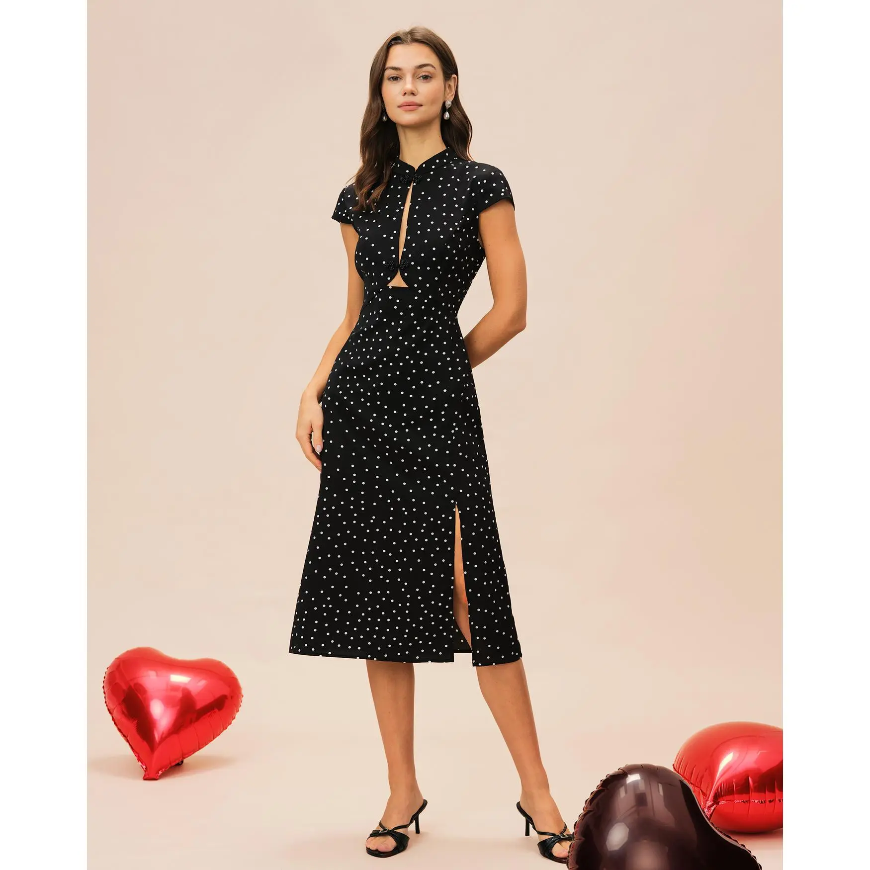 RIHOAS Women's Elegant Polka Dot A-Line Midi Sheath Dress - Spring Woven Polyester, Mandarin Collar, Cap Sleeves, Natural Waist, Zipper-Button Closure, Button Front Polka Dot Casual Dress for Brunch