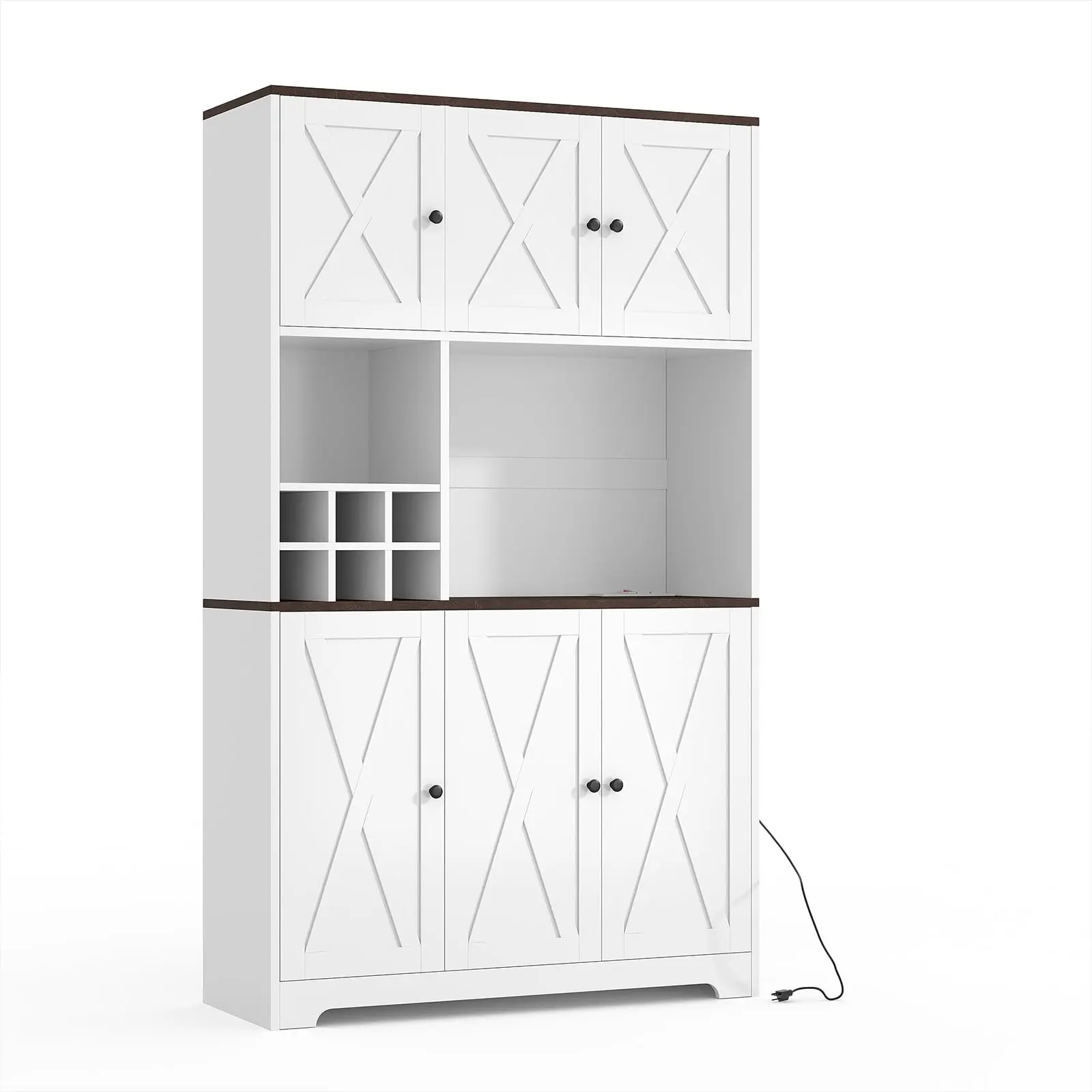Kitchen Pantry Cabinet with Charging Station – Freestanding 71" Tall White Hutch, Drawers, Shelves, Microwave Stand, Wine Bar Sideboard – Engineered Wood Storage for Dining Room, White(2 Boxes)