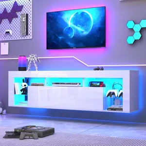 63 inch Floating TV Stand Wall Mounted, High Gloss LED Floating Entertainment Center with Storage&Adjustable Glass Shelf, TV Stand for TVs up to 70", Gaming Media Center Console Table with Lights (Black/white)