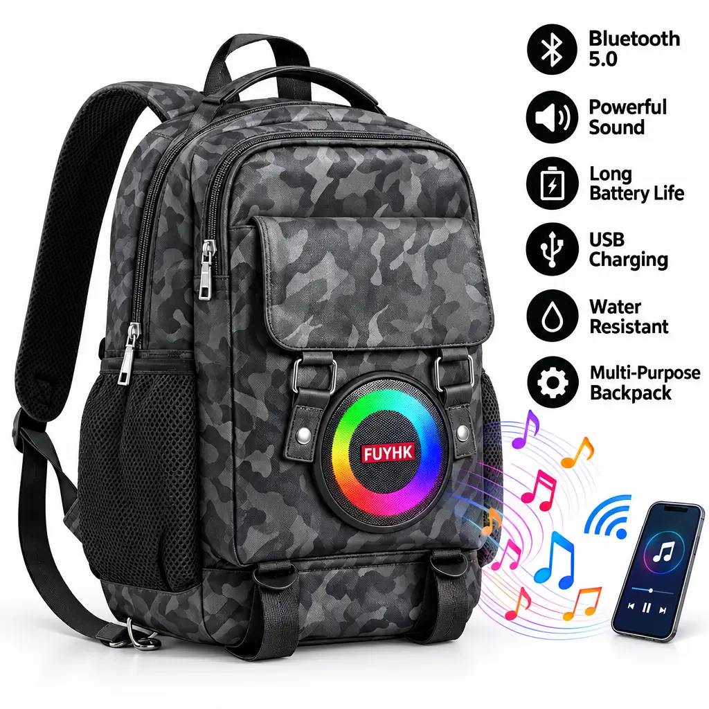 Wireless Speaker Classic Plaid Backpack with RGB LED Light Ring, Portable Audio School Bookbag with Mesh Side Pockets for Outdoor Hiking & Laptop Carry