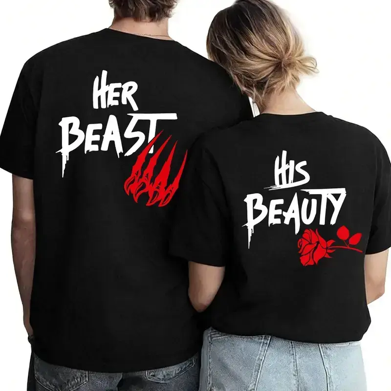 Women's Shortsleeve Casual Couple T-Shirts - Her Beast & His Beauty Matching BF-GF Outfits, Valentine's Day Gift, Trending Streetwear