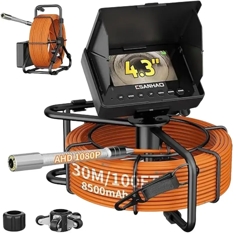 1080P Sewer Inspection Camera with 32GB Audio-Video Recorder, 100ft Drain Camera with m Marker, 8 LEDs, 18mm IP68 Waterproof Probe, 4.3'' Endoscope for Small Pipe Monitoring & Drain Cleaning