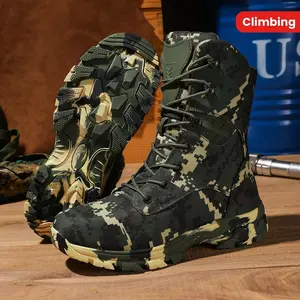 Men’s high-top camouflage hiking boots, outdoor climbing work boots with zipper closure, nylon upper, rubber outsole, non-slip EVA insole, striped pattern, all-year outdoor footwear style