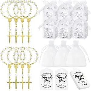 120 Piece Rose Bead Baptism Set, Includes Mini Rose Beads, Cross Boxes, Gift Bags, Thank You Tags, Perfect for Baptism and Wedding Decorations