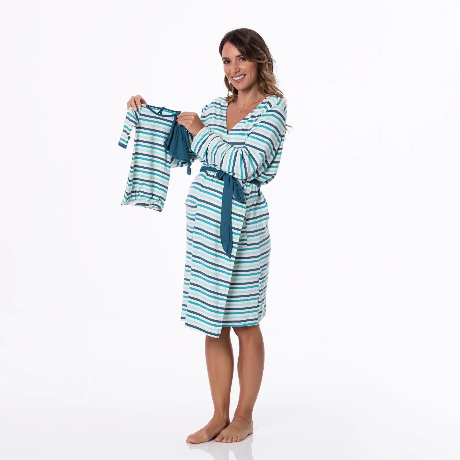 Women's Print Mid Length Lounge Robe & Layette Gown Set in Cruisin' Stripe