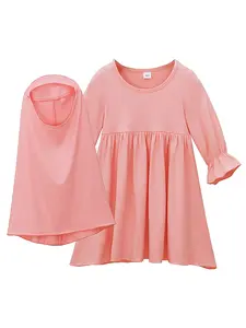 Girls Muslim Modesty Skirt Set, Spring & Fall Long Sleeve Dress + Headscarf Two-Piece, Cute Plain Design, Fitted Style, Kids Fashion