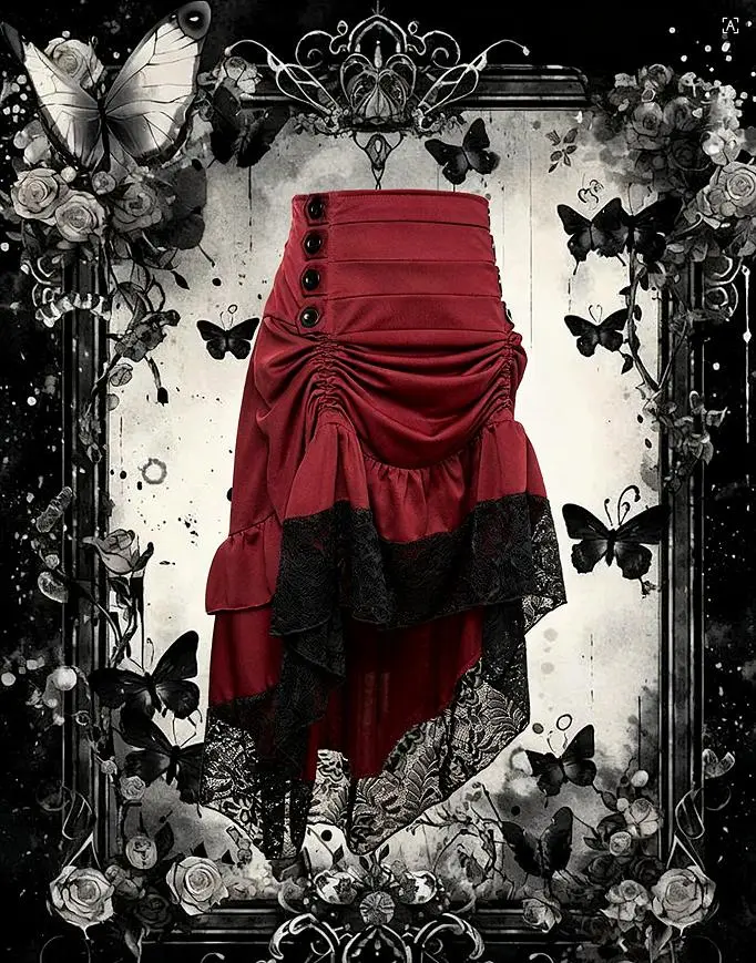 Women’s Black & Red Gothic Vintage High Waist Lace Ruffle Asymmetrical Midi Skirt – Steampunk Layered Mesh Skirt, Sexy Chic Elegant Retro Party Club Streetwear Fashion Outfit for Women