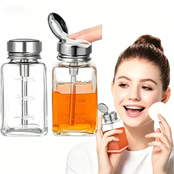 2 6.09 Oz Transparent Glass Pump Dispensing Bottles with Metal Flip Cover, Leak-Proof Portable Makeup Remover Containers, Lotion Bottle Alternative for Cosmetics Remover Dispenser