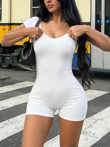 TikTok Viral 2026 Women's Solid Color Short Sleeve Rompers,Scoop Neck Slim Fit Basic Unitard Shorts,Y2K Minimalist Aesthetic Streetwear,Daily Wear, Casual Outings, Street Style, Chic, Womenswear - Summer Outfits for Teen Girls & Young Women