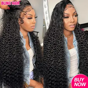 Bling Hair 32inch Kinky Curly Lace Front Wigs Human Hair Pre Plucked 180% Density 13x4 13x6 HD Transparent Lace Frontal Curly Wigs Human Hair Deep Curly Human Hair Wigs For Women Natural Black #SummerVibes summervibes