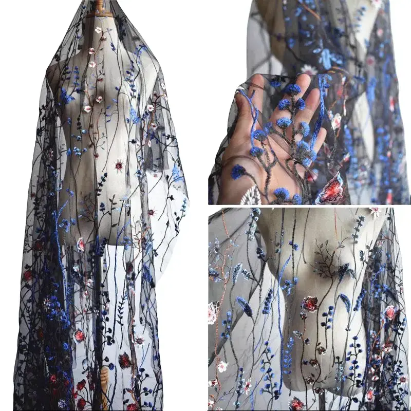 Navy blue sheer mesh fabric with floral embroidery — suitable for wedding dresses, party decorations, and student DIY crafts; sheer mesh fabric