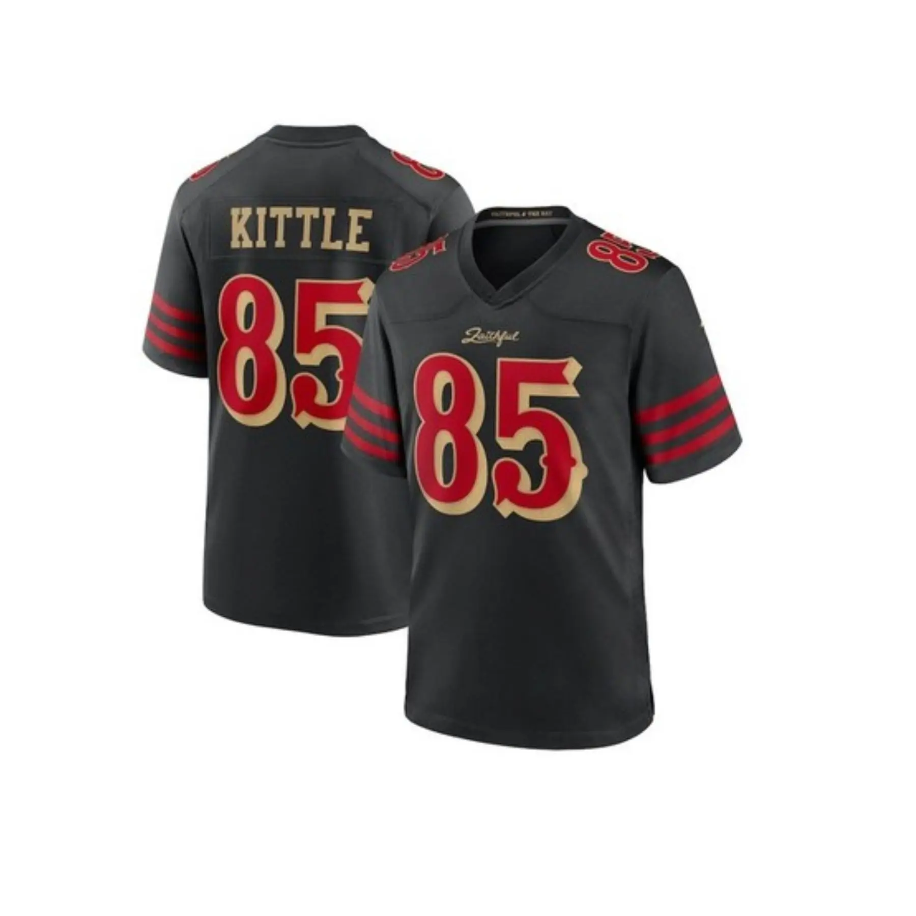 George Kittle 85 Football Jersey, Embroidered Logo Black Alternate Edition Unisex Sports Fan Apparel, Black Red Athletic Shirt Breathable Performance Tee