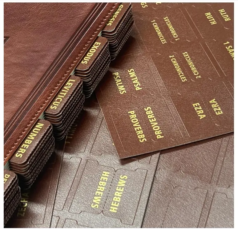 Leather Bible Tabs - Gold Foil Laminated - 66 Tabs (Old & New Testaments), 14 Blank (Brown) - Journaling Supplies
