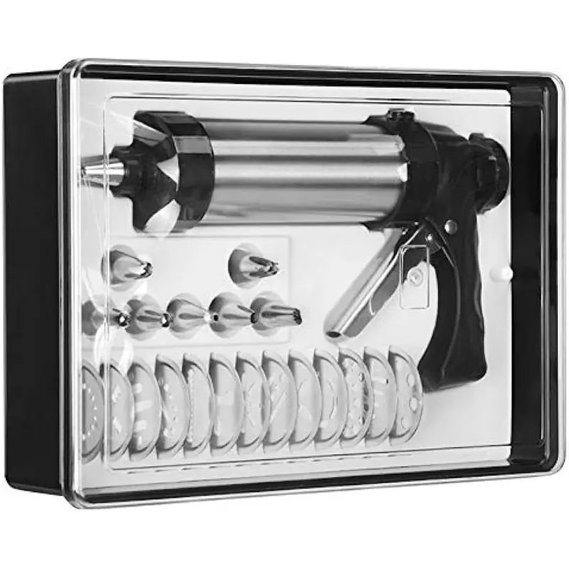 Deluxe Stainless Steel Cookie Press Gun Kit - DIY Biscuit Maker & Decorator with 8 Icing Tips, 13 Design Molds, Easy-Load Handle, and Storage Box - Ideal for Home Baking and Professional Use