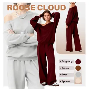 Valentine's Day ROOSE CLOUD Women's Solid Cozy Sloping Shoulder Top & Wide-Leg Trousers Set