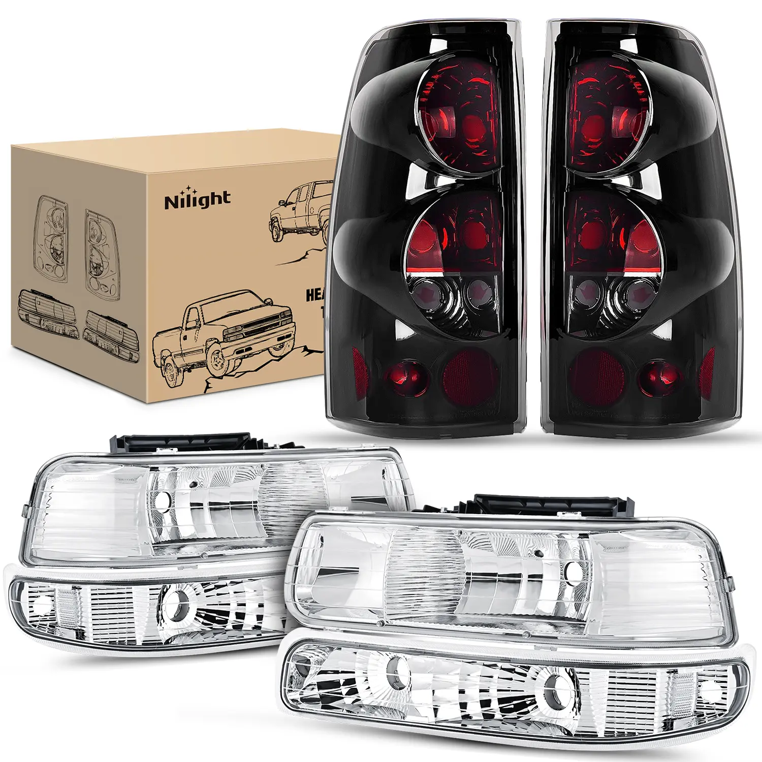 Nilight OE-Style Chrome Housing Headlight & Taillight Assembly Combo, Clear Reflector Smoke LED Headlamps & Smoke Taillights, Compatible with 1999-2002 Chevy Silverado 1500/2500 & 2001-2002 1500HD/2500HD/3500 Truck Bulbs Included, Smoke Tailights Led Drl