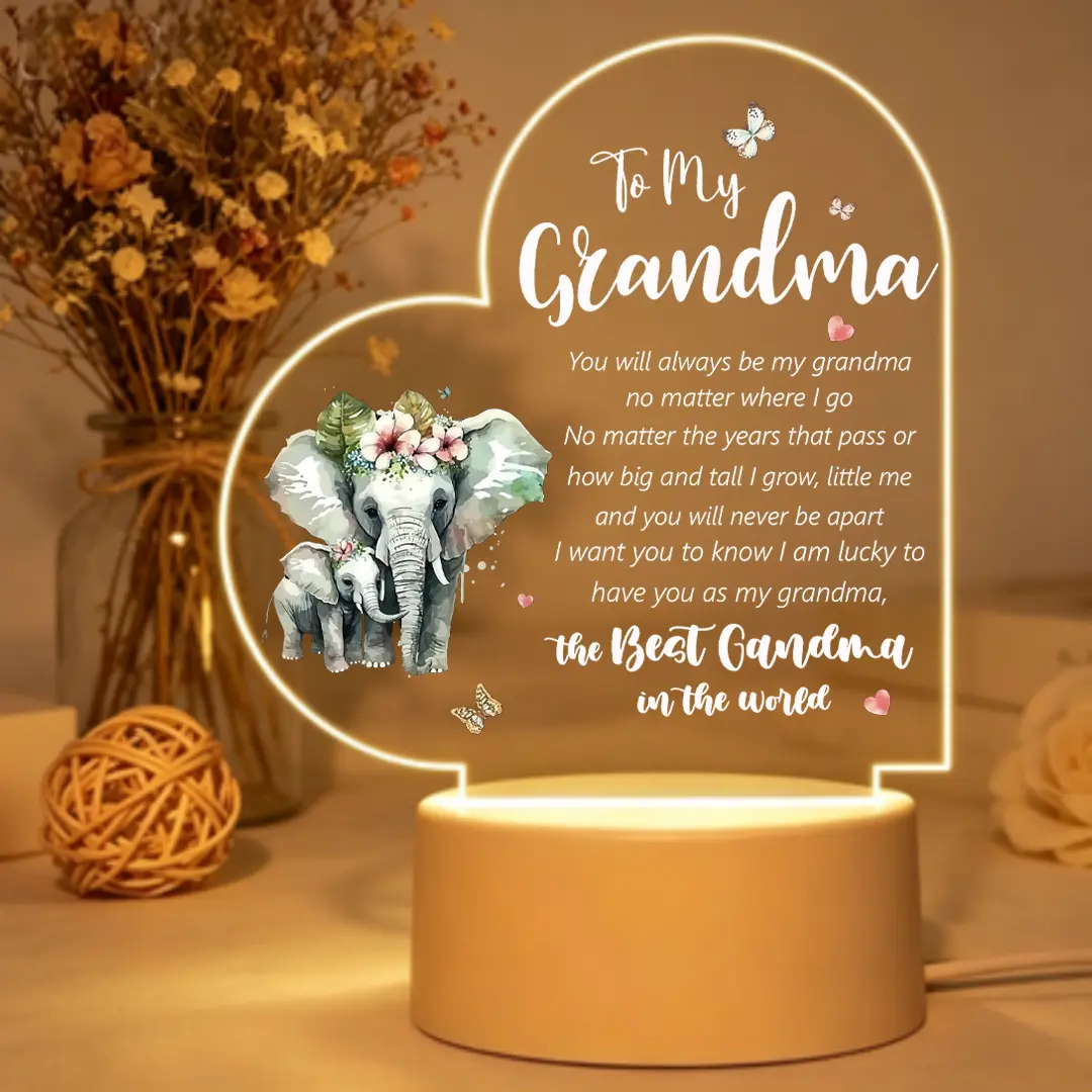 Grandma Gifts Engraved Acrylic Elephant LED Night Light - Sentimental Gifts for Grandma, Warm Heart-Shaped Bedroom Decor for Birthday Christmas Led Lighting, Bedroom Lighting, Ambient Night Lamp, Indoor Decorative Light, Decorative Atmosphere Lighting