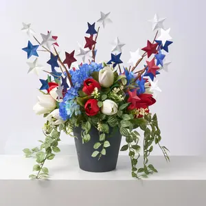 Red, White & Bloom - Blue Hydrangea, Red & White Tulips with Metal Star Branches Patriotic Summer Urn Filler Arrangement