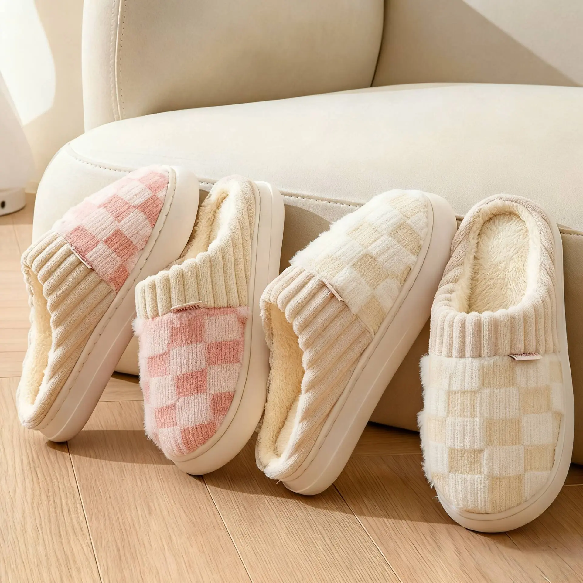 Cozy & Chic Checkered Plush Slippers for Men & Women – Thick Sole, Non-Slip, Round Toe, Fuzzy Indoor/Outdoor Footwear for Ultimate Comfort & Style