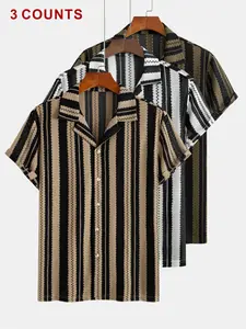Men's 3-Pack Striped Knit Camp Shirts, Casual Short Sleeve Button Down, Breathable Semi-Sheer Summer Tops, Ideal for Beach Vacations, Casual Tropical Style