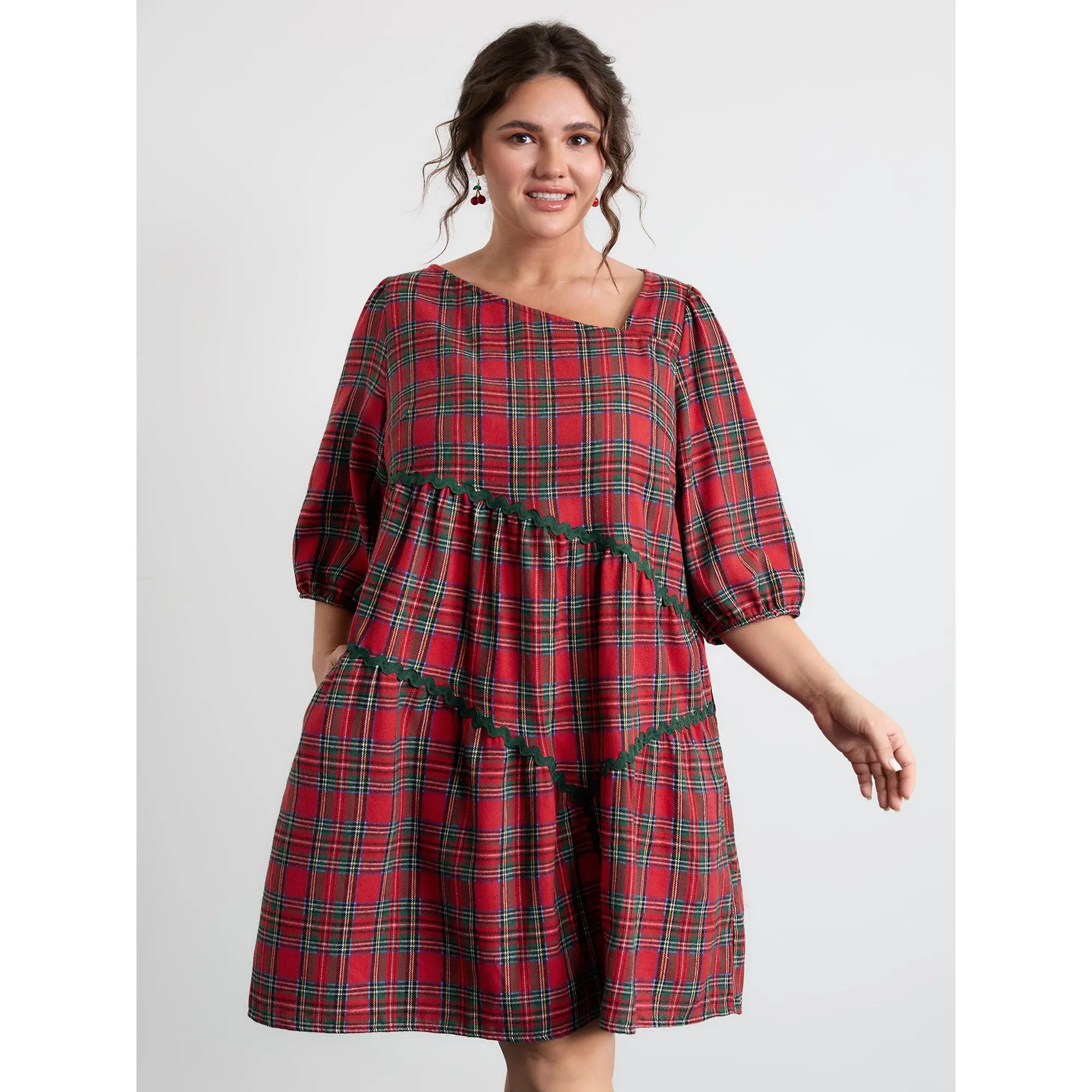 BloomChic Women's Plus Size Plaid Short Dress [M-6X], Lantern Sleeve Wavy Trim Asymmetrical Hem Pocket Casual Dress, Summer To Fall Outfit