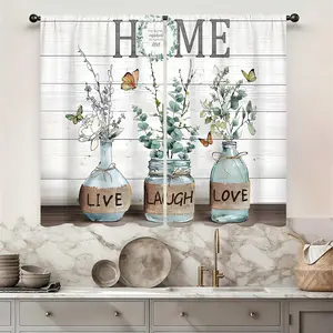 【Moving Season】Green Leaves Kitchen Curtain  2 Panels Rod Pocket Farmhouse Country Vintage Retro Rustic Wooden Small Short Cafe Tier Curtain Plant Window Drapes Treatment Bathroom Home Decor