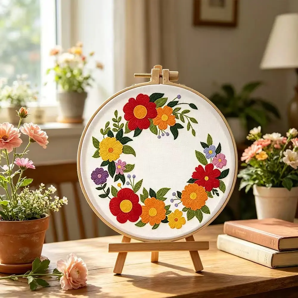 Sunflower Wreath Embroidery DIY Art Kit, Beginner-Friendly Sewing Set, Random Color Tools, Ideal for Craft Enthusiasts, Creative Home Decor Gift, Embroidery Supplies