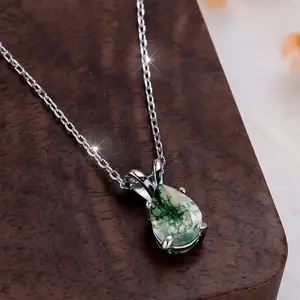 Green Natural Moss Agate Pendant Necklace 925 Sterling Silver Adjustable Neck Chain Decoration