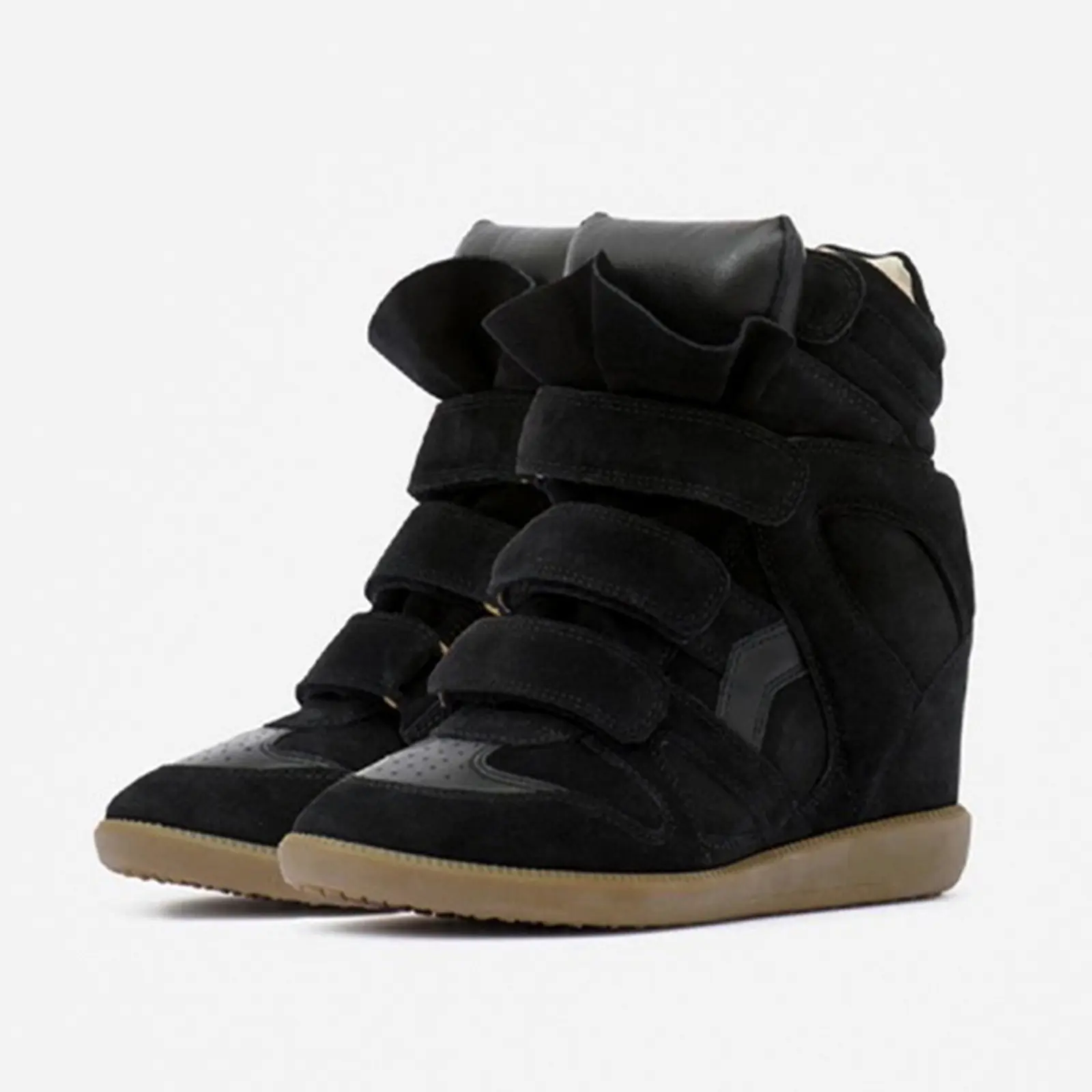MAVIS BLACK SUEDE Style Women Wedge Sneakers, Suede Patchwork Cutout High‑Top Shoes, Multi Velcro Strap Hidden Heel Casual Sneakers for Women