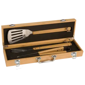 Personalized BBQ Grill Set – Custom Engraved Wooden Box with 3 Stainless Steel Tools