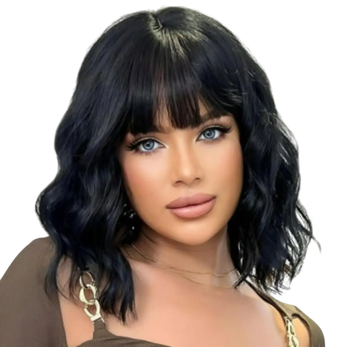 Final Sale - Women's Synthetic Full Machine Wig, Short Heat-Safe Fiber Glueless Bob Wig with Bangs, Wavy Curls for Soft Volume