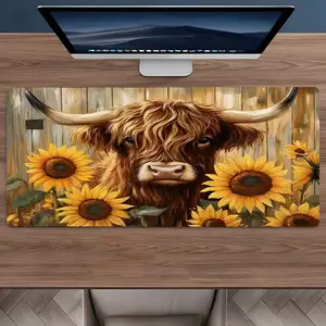 Highland Cow & Sunflower Pattern Desk Mat, Rectangle Gaming Mouse Pad, Non-slip Rubber Pad, Aesthetic Desktop Decoration Protection Pad, Desktop Accessory, Desk Accessories