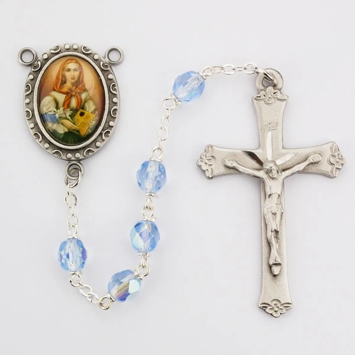 McVan R190DF Classic Religious 6mm Glass Beads St. Dymphna Cross Rosary Set - Metal St. Decal, Blue Chain with Box, Unisex Home Decor Gift for Special Occasions