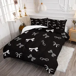 Black Bow Quilted Comforter Set, Retro Cute Style Design Bedding Set, Including 1 Quilt and 1/2 Pillowcase, No Pillow Core, Warm Breathable for All Seasons, Very Suitable for Girls' Bedroom Decoration and Camping Warmth