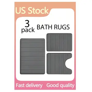 3pcs/Set Memory Foam Stripe Bathroom Mat Set Including Non-Slip Absorbent Bath Mat And Soft Quick-Dry Bathroom Rug Home Bathroom Dark Grey