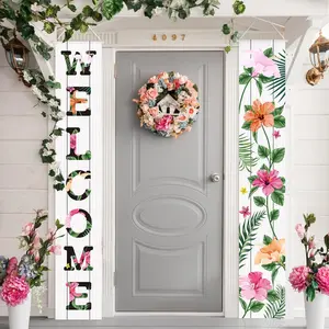 Spring Welcome Flower Porch Banner 180x30cm Summer Hanging Flower Porch Logo, Used for Front Door Outdoor Seasonal Holiday Wedding Courtyard Decoration Farmhouse Interior Wall Background (Bright Style)