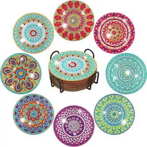 8-piece/set DIY Diamond Art painting kit, wooden table art coasters with stand, suitable for Home, adult office coffee MATS, family coasters, handicrafts, supplies and gifts