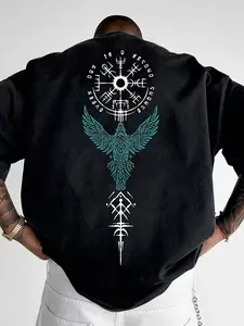 Viking Raven Graphic Oversized T Shirt Men, Norse Mythology Back Print Tee, Dark Aesthetic Viking Symbol Streetwear, Oversized Fit For Daily Wear, Street Style, Casual Outfits, Y2K Men Fashion Menswear #summeroutfits#vikingfashion